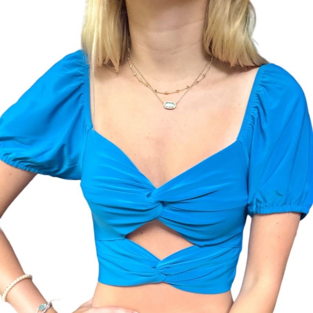 Blue Puff Sleeve Twist Front Top